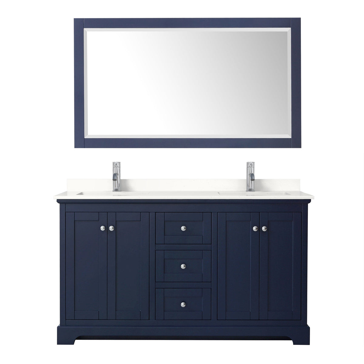 Wyndham Collection Avery 60" Double Bathroom Vanity in Dark Blue, White Quartz Countertop, Undermount Square Sinks (1-Hole), Polished Chrome Trim and 58" Mirror