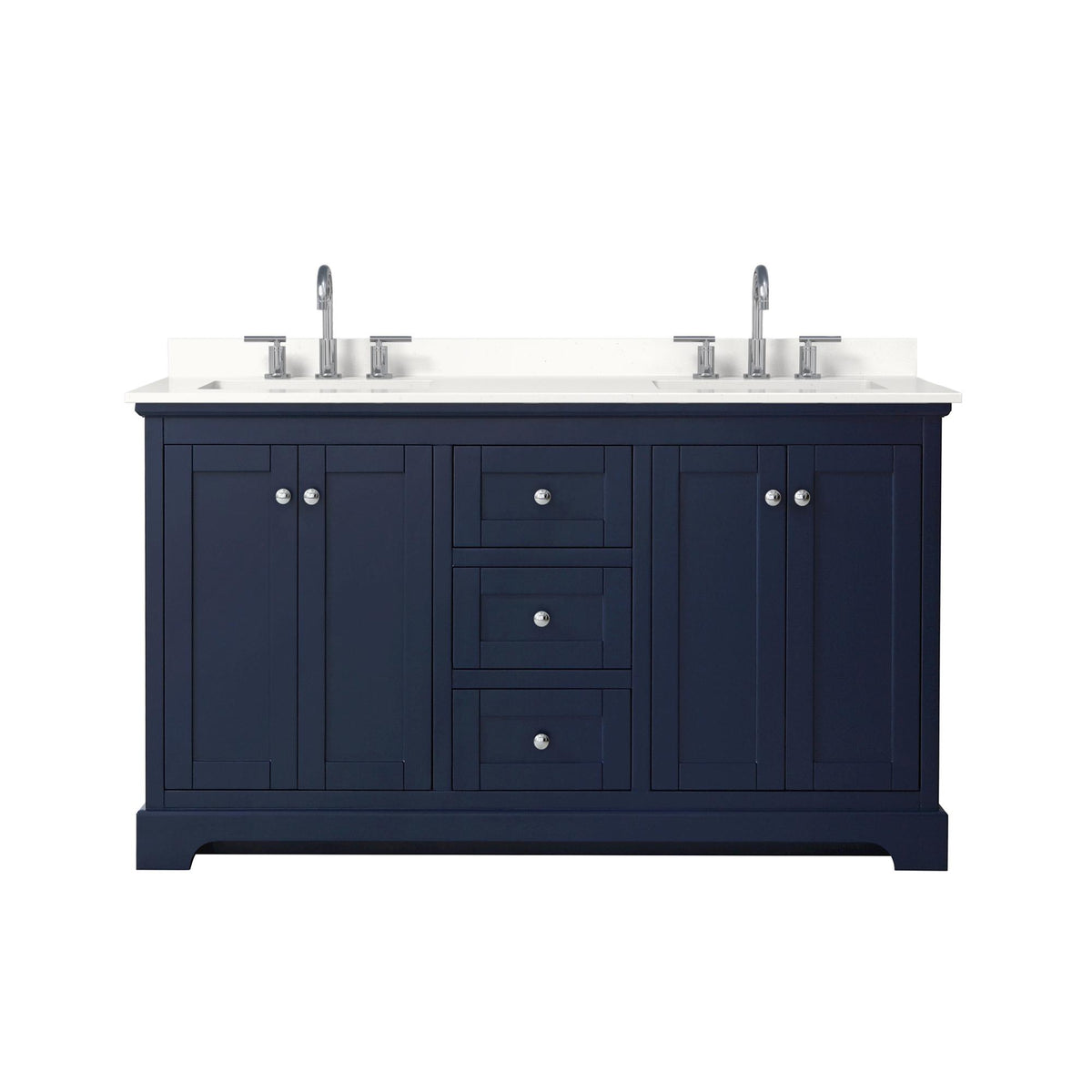 Wyndham Collection Avery 60" Double Bathroom Vanity in Dark Blue, White Quartz Countertop, Undermount Square Sinks (3-Hole), Polished Chrome Trim