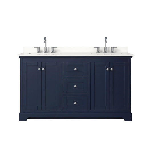 Wyndham Collection Avery 60" Double Bathroom Vanity in Dark Blue, White Quartz Countertop, Undermount Square Sinks (3-Hole), Polished Chrome Trim