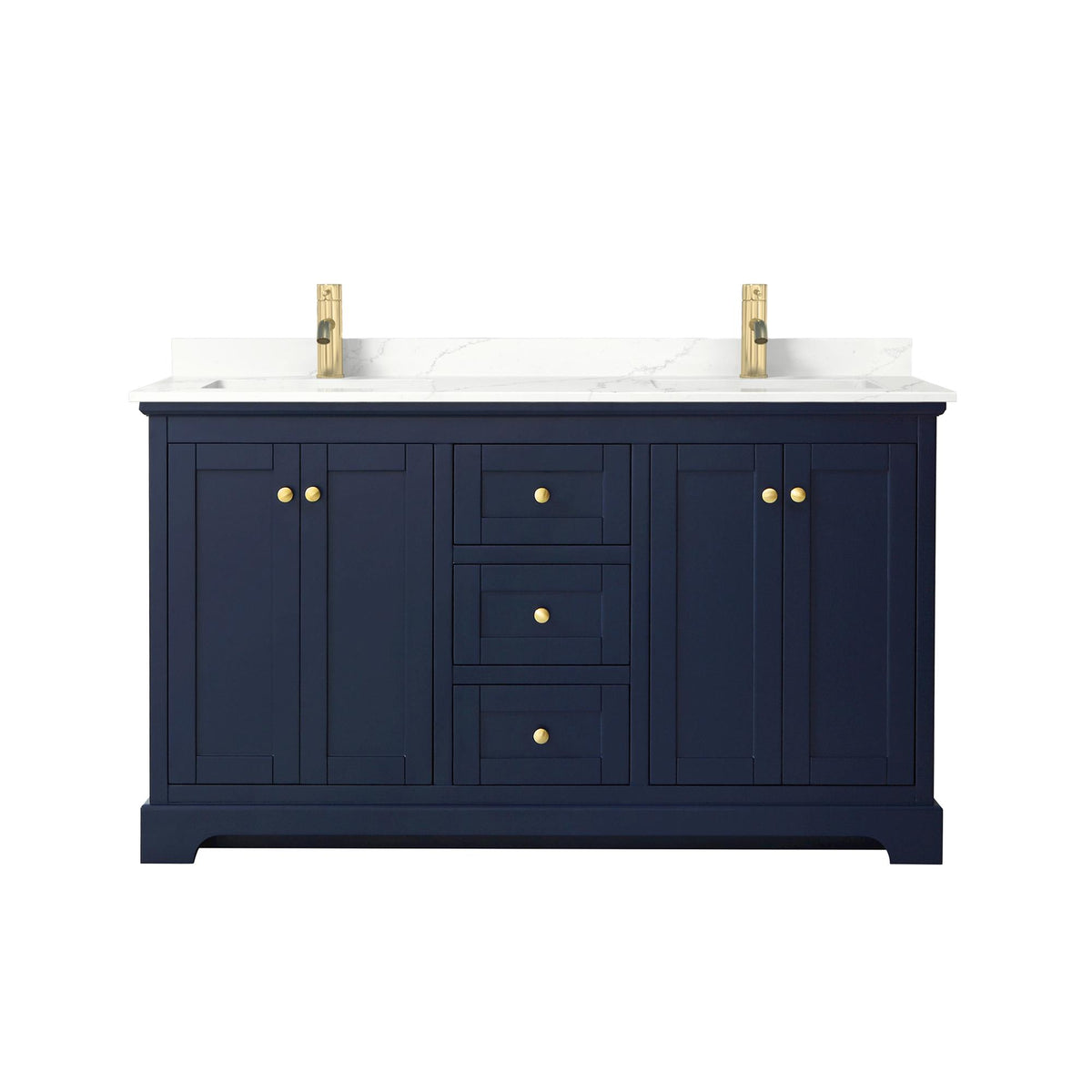 Wyndham Collection Avery 60" Double Bathroom Vanity in Dark Blue, Giotto Quartz Countertop, Undermount Square Sinks (1-Hole), Brushed Gold Trim