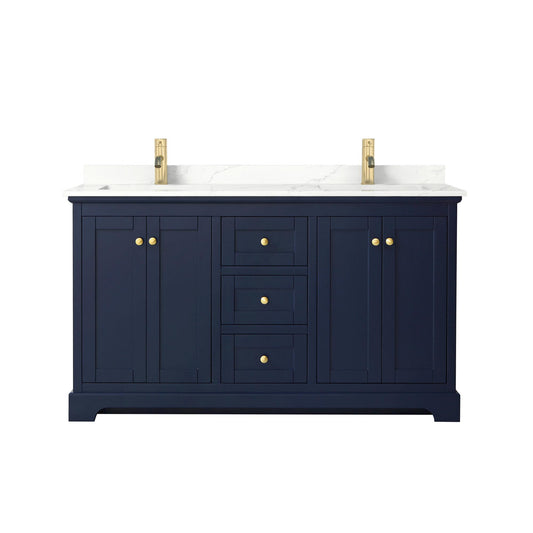 Wyndham Collection Avery 60" Double Bathroom Vanity in Dark Blue, Giotto Quartz Countertop, Undermount Square Sinks (1-Hole), Brushed Gold Trim