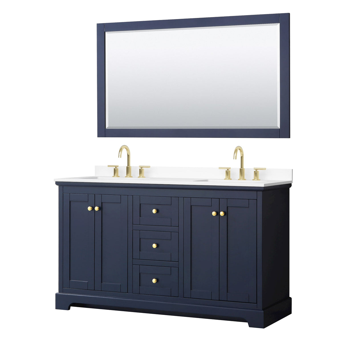 Wyndham Collection Avery 60" Double Bathroom Vanity in Dark Blue, White Cultured Marble Countertop, Undermount Square Sinks (3-Hole), Brushed Gold Trim and 58" Mirror
