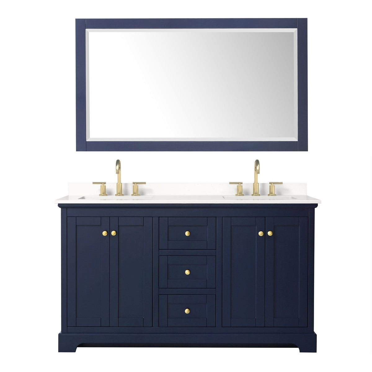 Wyndham Collection Avery 60" Double Bathroom Vanity in Dark Blue, White Quartz Countertop, Undermount Square Sinks (3-Hole), Brushed Gold Trim and 58" Mirror