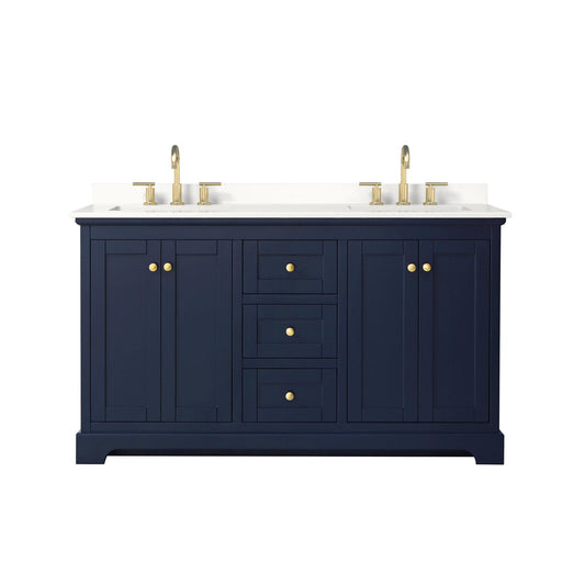 Wyndham Collection Avery 60" Double Bathroom Vanity in Dark Blue, White Quartz Countertop, Undermount Square Sinks (3-Hole), Brushed Gold Trim