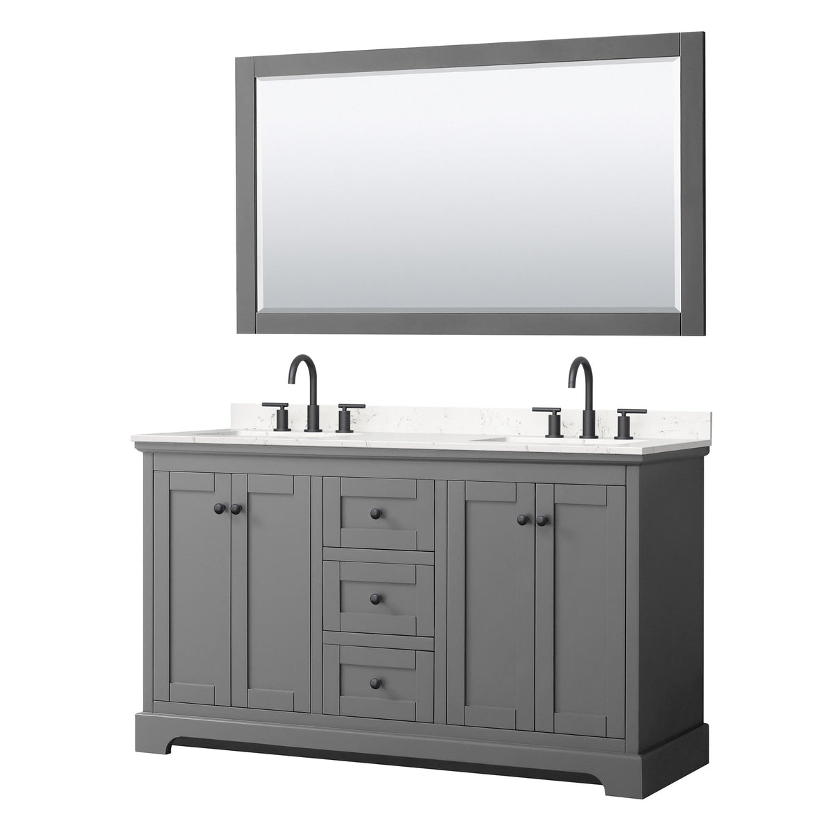 Wyndham Collection Avery 60" Double Bathroom Vanity in Dark Gray, Carrara Cultured Marble Countertop, Undermount Square Sinks (3-Hole), Matte Black Trim and 58" Mirror