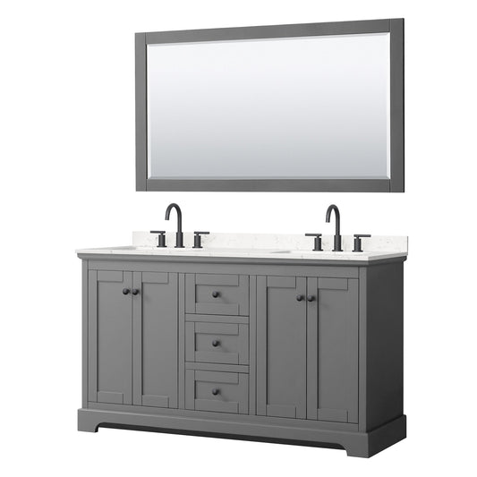 Wyndham Collection Avery 60" Double Bathroom Vanity in Dark Gray, Carrara Cultured Marble Countertop, Undermount Square Sinks (3-Hole), Matte Black Trim and 58" Mirror