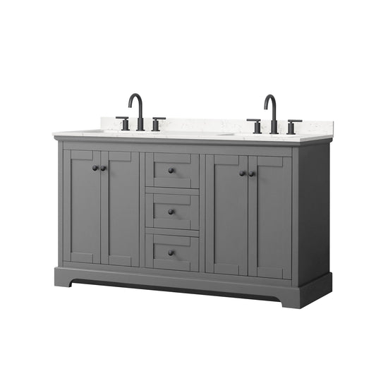 Wyndham Collection Avery 60" Double Bathroom Vanity in Dark Gray, Carrara Cultured Marble Countertop, Undermount Square Sinks (3-Hole), Matte Black Trim