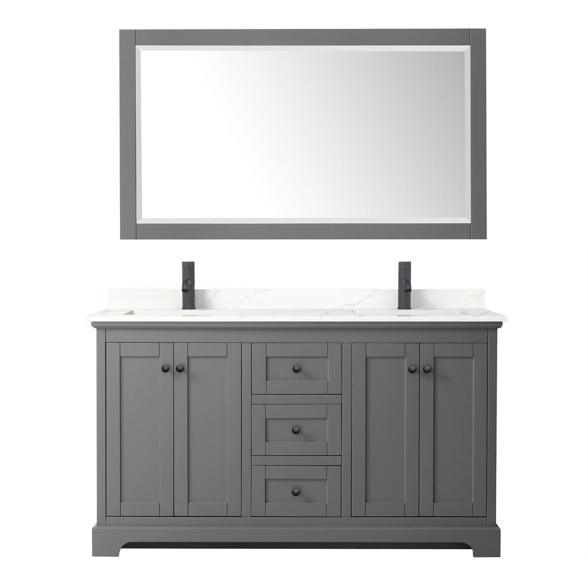 Wyndham Collection Avery 60" Double Bathroom Vanity in Dark Gray, Giotto Quartz Countertop, Undermount Square Sinks (1-Hole), Matte Black Trim and 58" Mirror