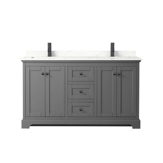 Wyndham Collection Avery 60" Double Bathroom Vanity in Dark Gray, Giotto Quartz Countertop, Undermount Square Sinks (1-Hole), Matte Black Trim