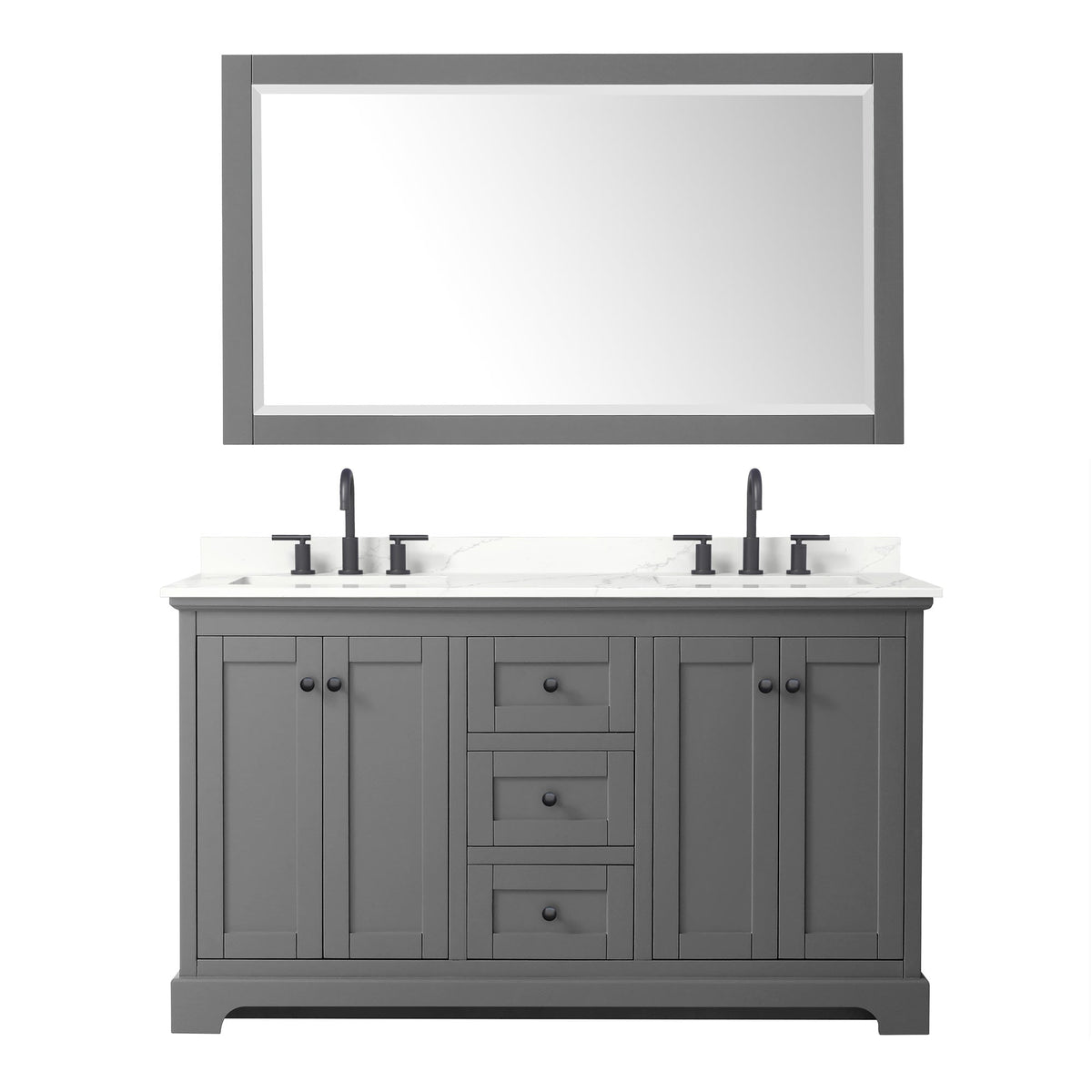Wyndham Collection Avery 60" Double Bathroom Vanity in Dark Gray, Giotto Quartz Countertop, Undermount Square Sinks (3-Hole), Matte Black Trim and 58" Mirror