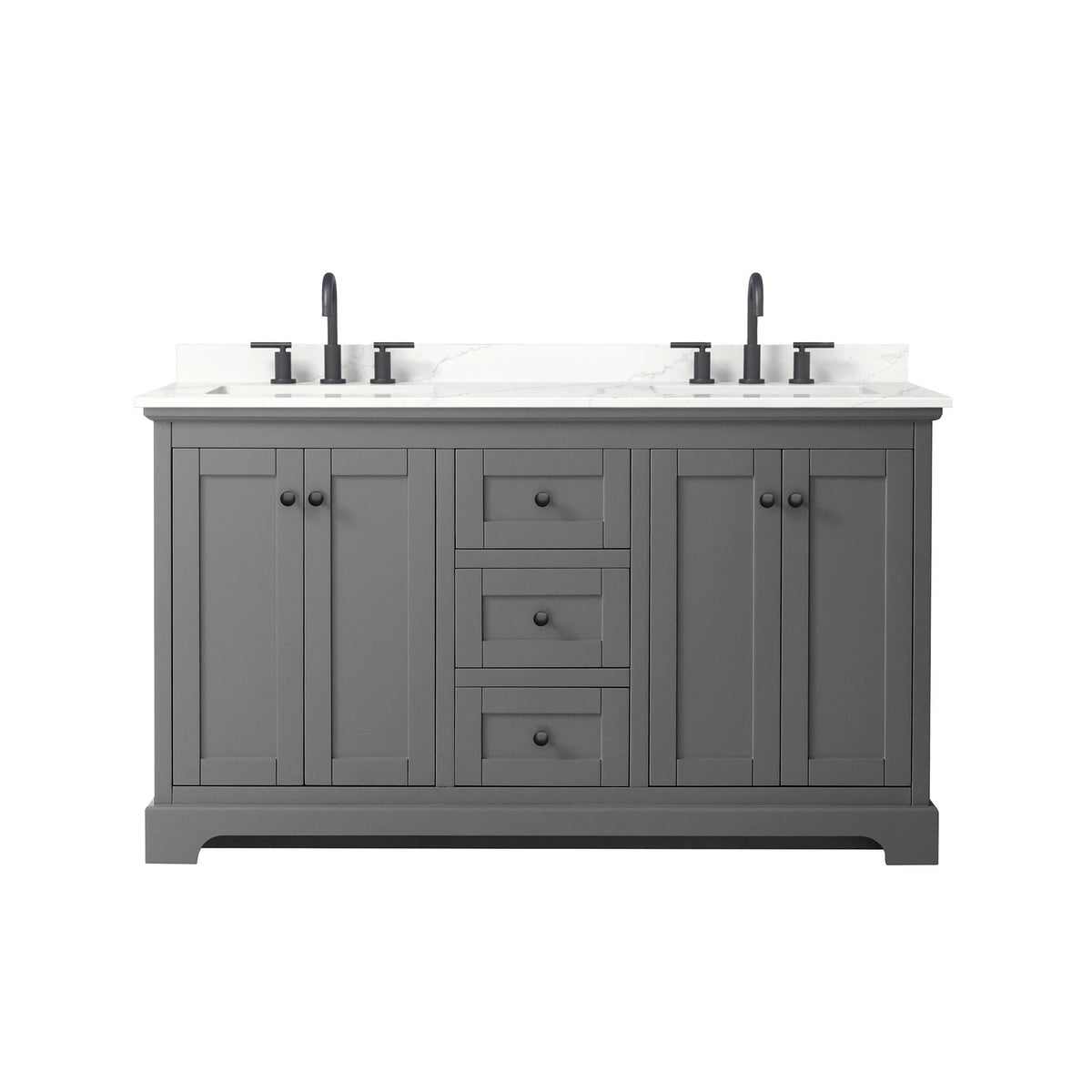 Wyndham Collection Avery 60" Double Bathroom Vanity in Dark Gray, Giotto Quartz Countertop, Undermount Square Sinks (3-Hole), Matte Black Trim