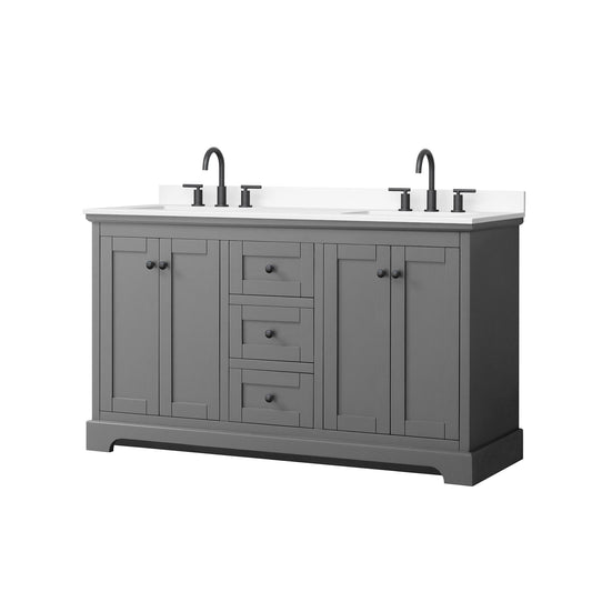 Wyndham Collection Avery 60" Double Bathroom Vanity in Dark Gray, White Cultured Marble Countertop, Undermount Square Sinks (3-Hole), Matte Black Trim