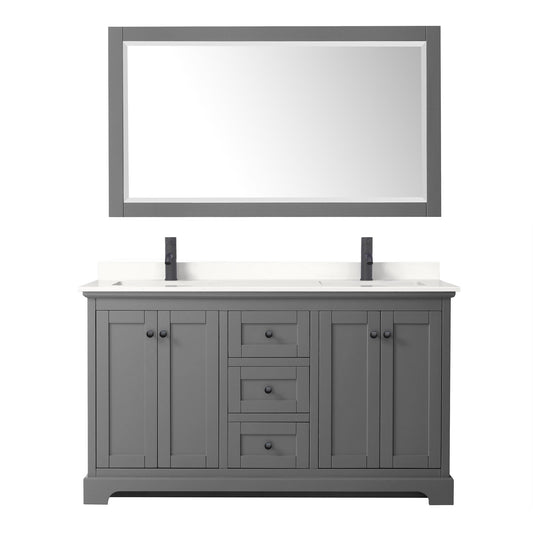Wyndham Collection Avery 60" Double Bathroom Vanity in Dark Gray, White Quartz Countertop, Undermount Square Sinks (1-Hole), Matte Black Trim and 58" Mirror