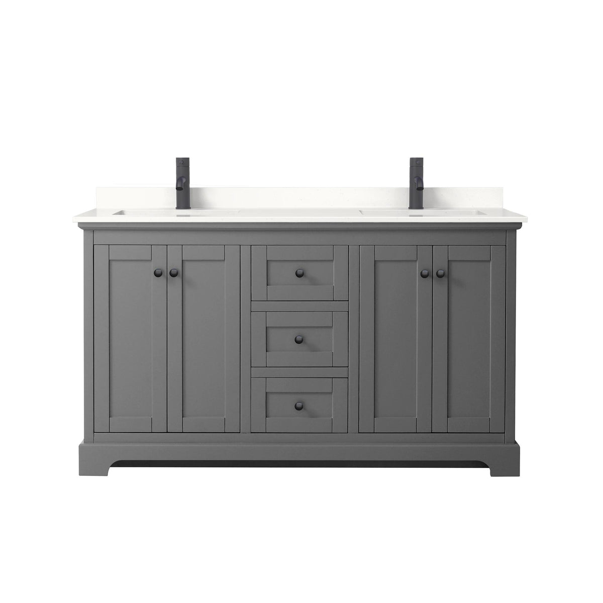 Wyndham Collection Avery 60" Double Bathroom Vanity in Dark Gray, White Quartz Countertop, Undermount Square Sinks (1-Hole), Matte Black Trim