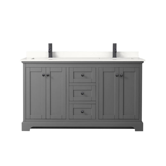 Wyndham Collection Avery 60" Double Bathroom Vanity in Dark Gray, White Quartz Countertop, Undermount Square Sinks (1-Hole), Matte Black Trim