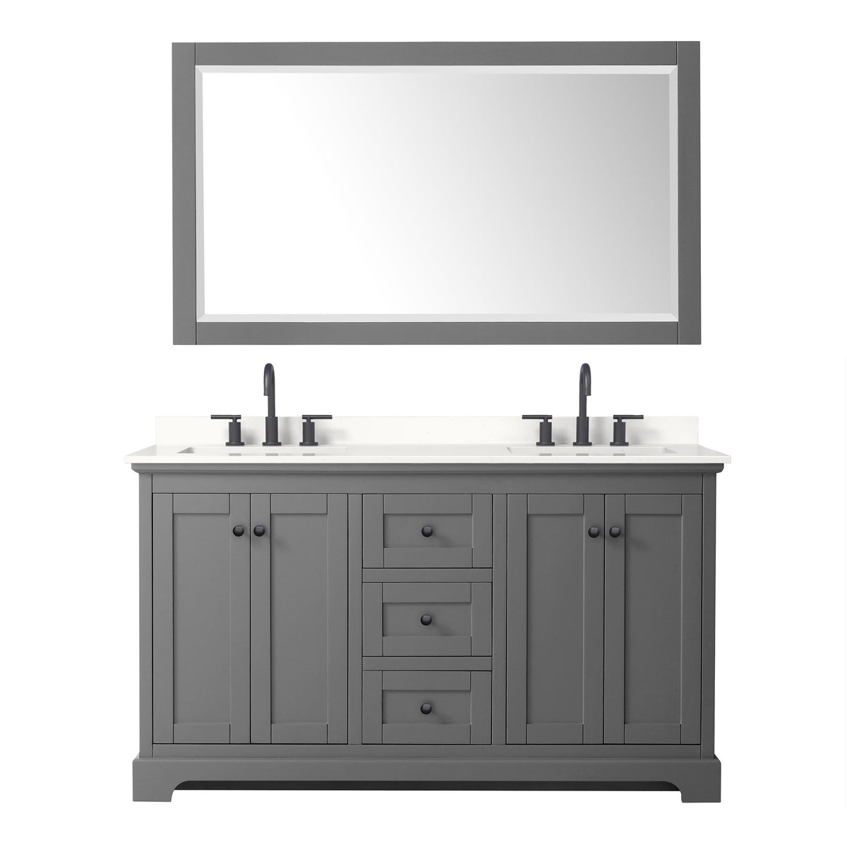 Wyndham Collection Avery 60" Double Bathroom Vanity in Dark Gray, White Quartz Countertop, Undermount Square Sinks (3-Hole), Matte Black Trim and 58" Mirror