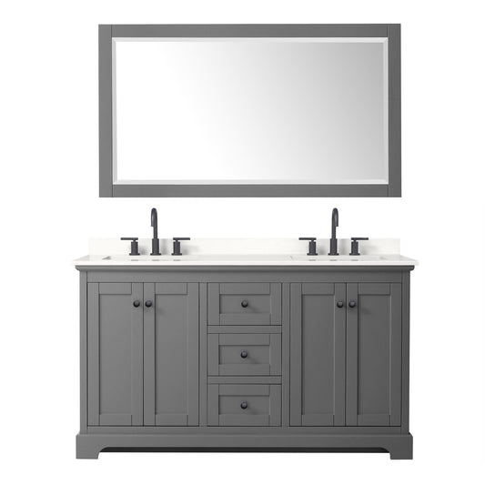 Wyndham Collection Avery 60" Double Bathroom Vanity in Dark Gray, White Quartz Countertop, Undermount Square Sinks (3-Hole), Matte Black Trim and 58" Mirror