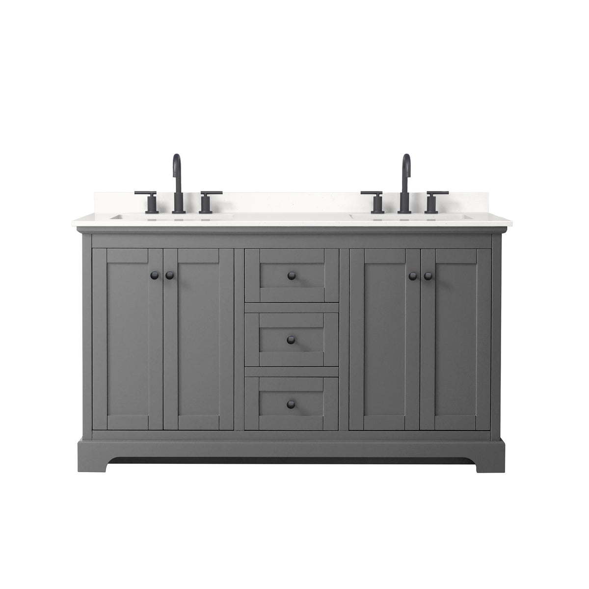 Wyndham Collection Avery 60" Double Bathroom Vanity in Dark Gray, White Quartz Countertop, Undermount Square Sinks (3-Hole), Matte Black Trim