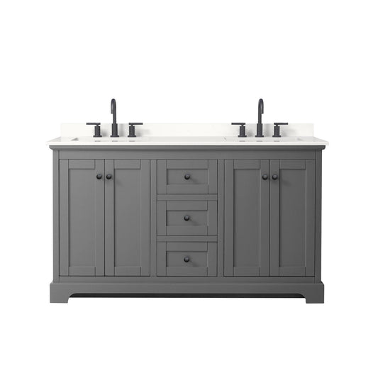 Wyndham Collection Avery 60" Double Bathroom Vanity in Dark Gray, White Quartz Countertop, Undermount Square Sinks (3-Hole), Matte Black Trim