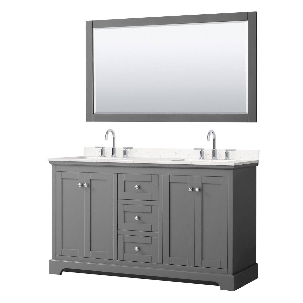 Wyndham Collection Avery 60" Double Bathroom Vanity in Dark Gray, Carrara Cultured Marble Countertop, Undermount Square Sinks (3-Hole), Polished Chrome Trim and 58" Mirror