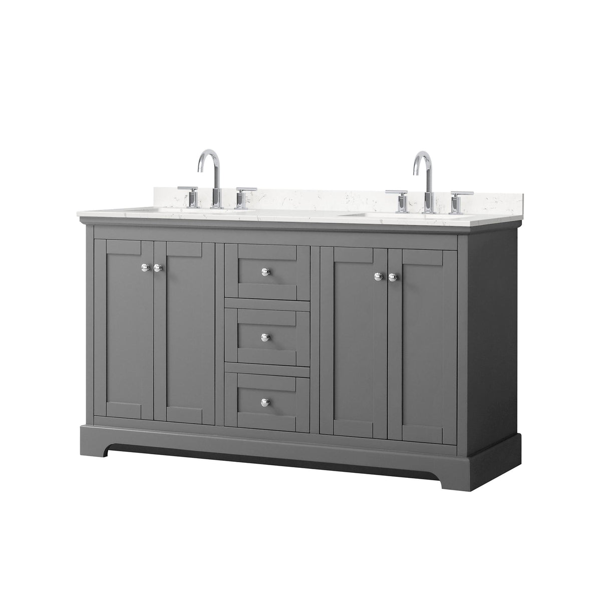 Wyndham Collection Avery 60" Double Bathroom Vanity in Dark Gray, Carrara Cultured Marble Countertop, Undermount Square Sinks (3-Hole), Polished Chrome Trim