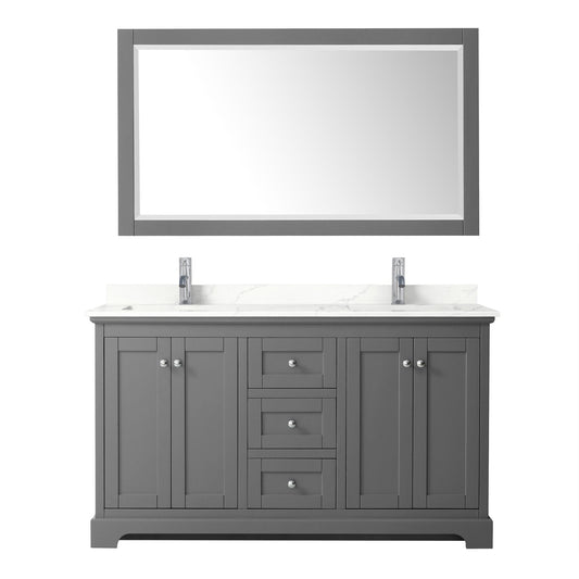 Wyndham Collection Avery 60" Double Bathroom Vanity in Dark Gray, Giotto Quartz Countertop, Undermount Square Sinks (1-Hole), Polished Chrome Trim and 58" Mirror