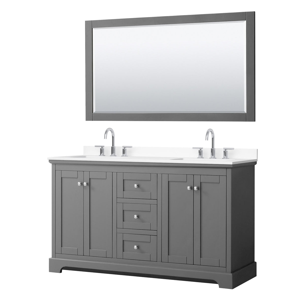 Wyndham Collection Avery 60" Double Bathroom Vanity in Dark Gray, White Cultured Marble Countertop, Undermount Square Sinks (3-Hole), Polished Chrome Trim and 58" Mirror