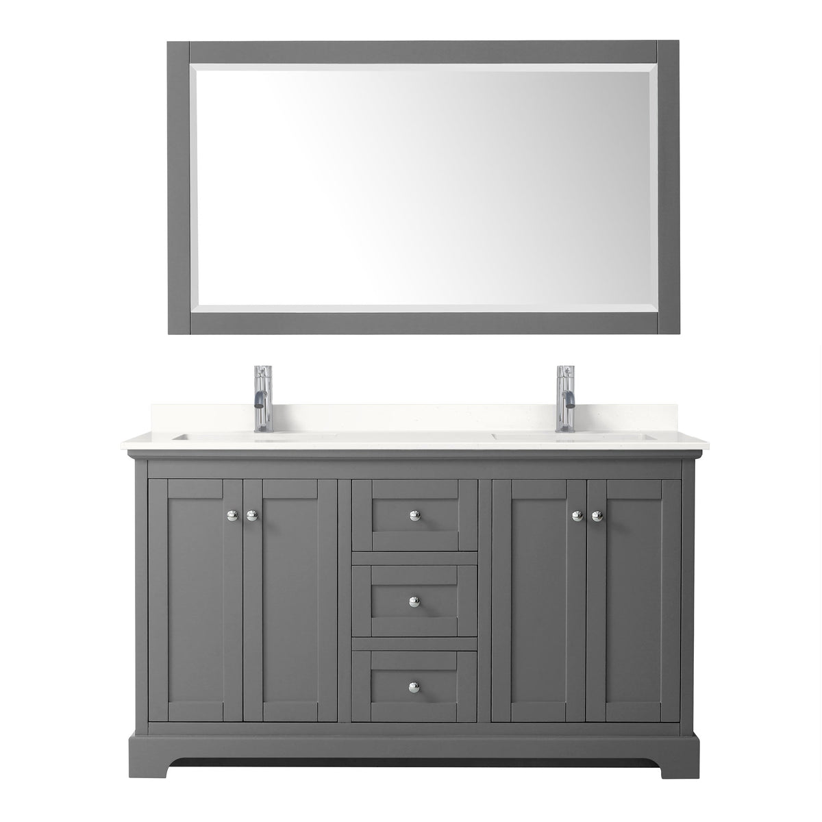 Wyndham Collection Avery 60" Double Bathroom Vanity in Dark Gray, White Quartz Countertop, Undermount Square Sinks (1-Hole), Polished Chrome Trim and 58" Mirror