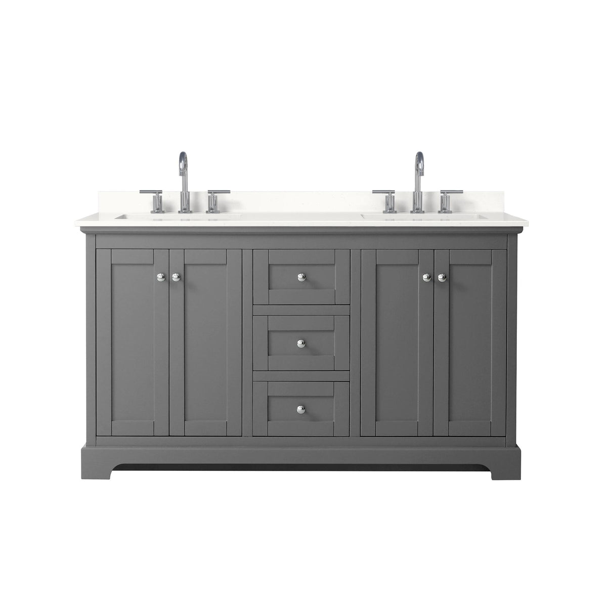 Wyndham Collection Avery 60" Double Bathroom Vanity in Dark Gray, White Quartz Countertop, Undermount Square Sinks (3-Hole), Polished Chrome Trim