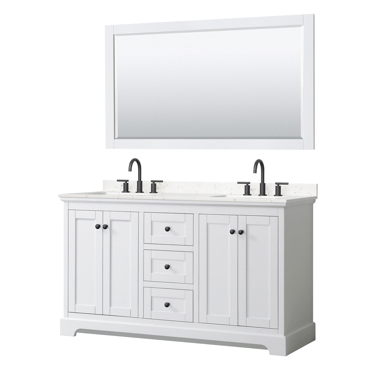Wyndham Collection Avery 60" Double Bathroom Vanity in White, Carrara Cultured Marble Countertop, Undermount Square Sinks (3-Hole), Matte Black Trim and 58" Mirror