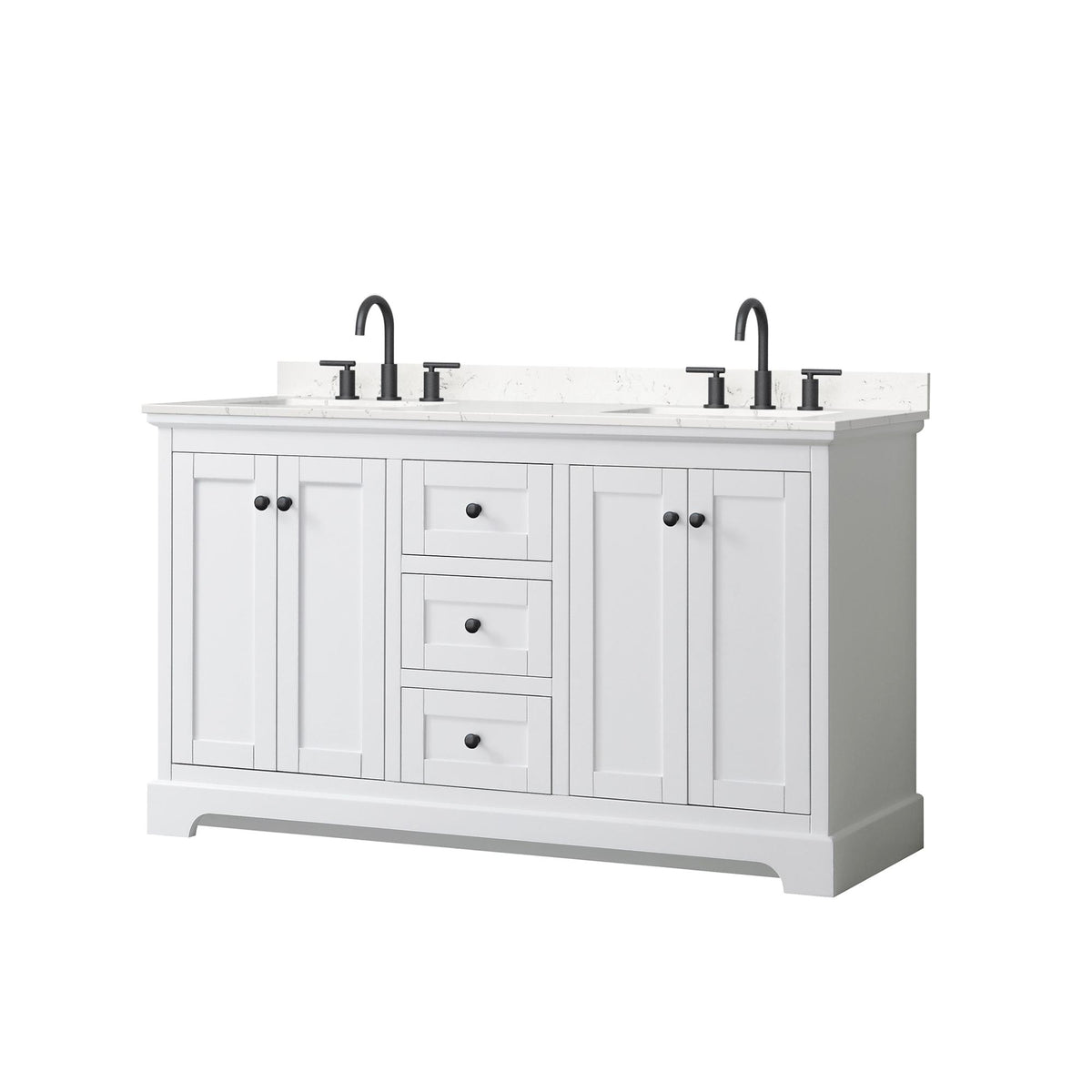Wyndham Collection Avery 60" Double Bathroom Vanity in White, Carrara Cultured Marble Countertop, Undermount Square Sinks (3-Hole), Matte Black Trim