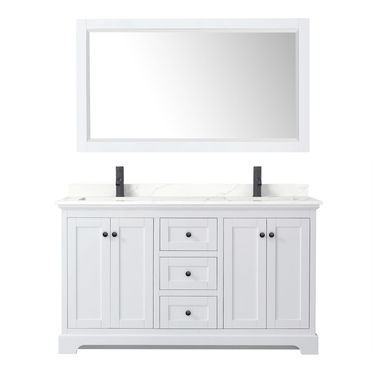 Wyndham Collection Avery 60" Double Bathroom Vanity in White, Giotto Quartz Countertop, Undermount Square Sinks (1-Hole), Matte Black Trim and 58" Mirror