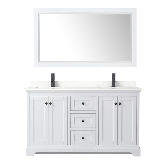 Wyndham Collection Avery 60" Double Bathroom Vanity in White, Giotto Quartz Countertop, Undermount Square Sinks (1-Hole), Matte Black Trim and 58" Mirror