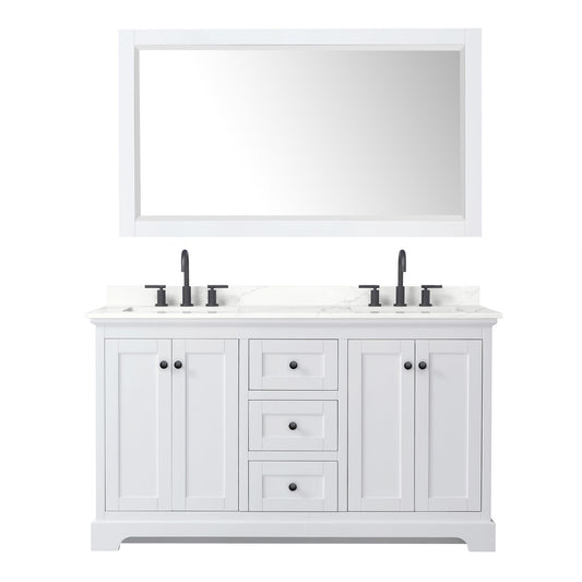 Wyndham Collection Avery 60" Double Bathroom Vanity in White, Giotto Quartz Countertop, Undermount Square Sinks (3-Hole), Matte Black Trim and 58" Mirror