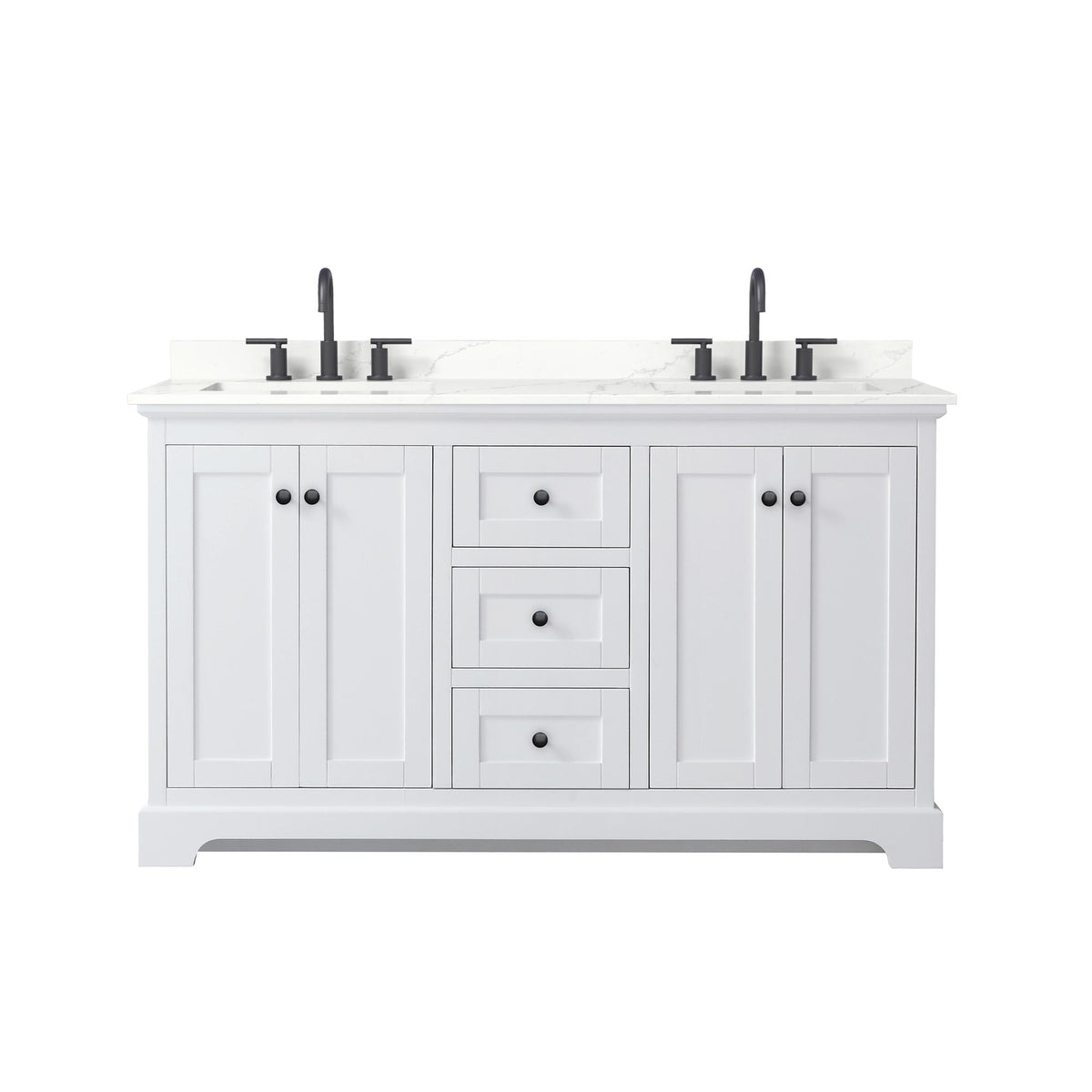 Wyndham Collection Avery 60" Double Bathroom Vanity in White, Giotto Quartz Countertop, Undermount Square Sinks (3-Hole), Matte Black Trim