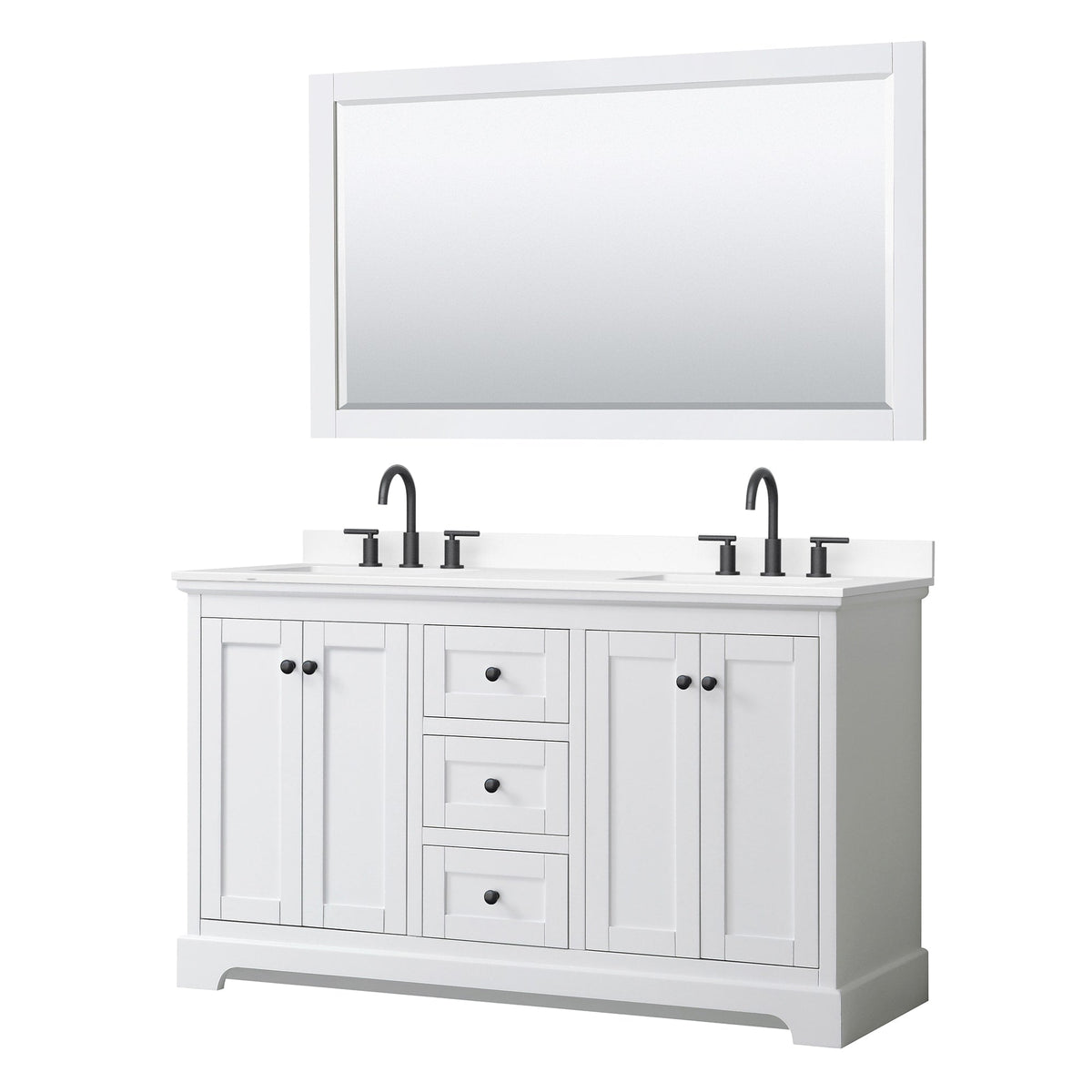 Wyndham Collection Avery 60" Double Bathroom Vanity in White, White Cultured Marble Countertop, Undermount Square Sinks (3-Hole), Matte Black Trim and 58" Mirror