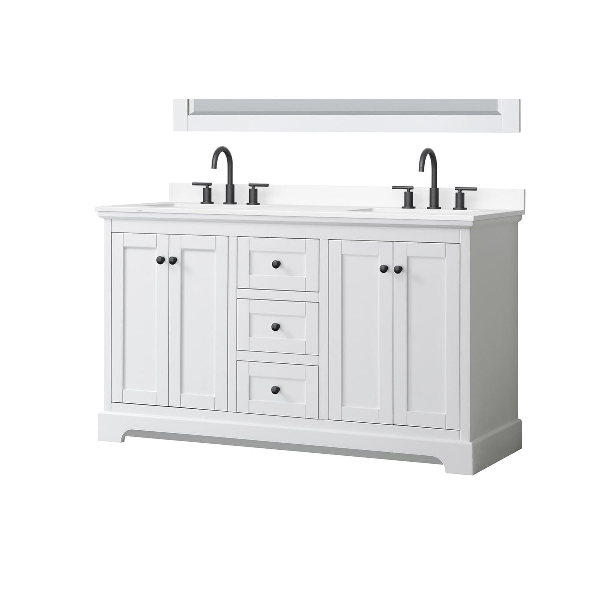 Wyndham Collection Avery 60" Double Bathroom Vanity in White, White Cultured Marble Countertop, Undermount Square Sinks (3-Hole), Matte Black Trim