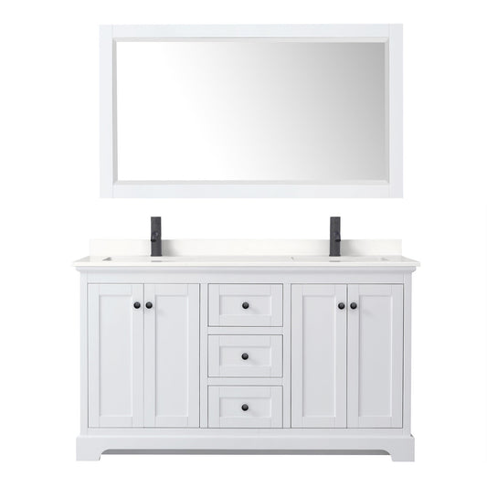 Wyndham Collection Avery 60" Double Bathroom Vanity in White, White Quartz Countertop, Undermount Square Sinks (1-Hole), Matte Black Trim and 58" Mirror