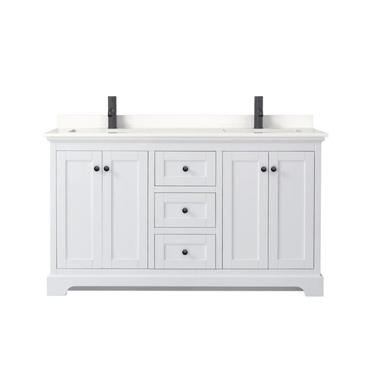 Wyndham Collection Avery 60" Double Bathroom Vanity in White, White Quartz Countertop, Undermount Square Sinks (1-Hole), Matte Black Trim