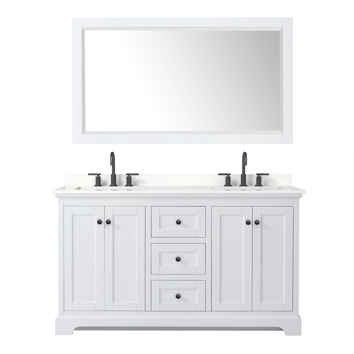 Wyndham Collection Avery 60" Double Bathroom Vanity in White, White Quartz Countertop, Undermount Square Sinks (3-Hole), Matte Black Trim and 58" Mirror