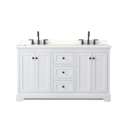 Wyndham Collection Avery 60" Double Bathroom Vanity in White, White Quartz Countertop, Undermount Square Sinks (3-Hole), Matte Black Trim