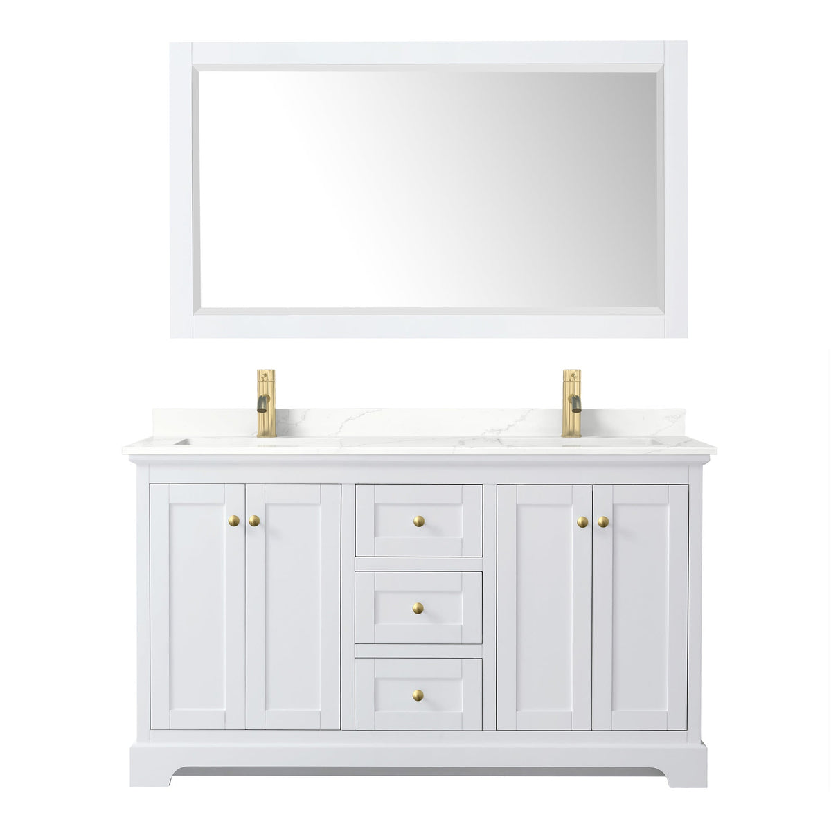 Wyndham Collection Avery 60" Double Bathroom Vanity in White, Giotto Quartz Countertop, Undermount Square Sinks (1-Hole), Brushed Gold Trim and 58" Mirror