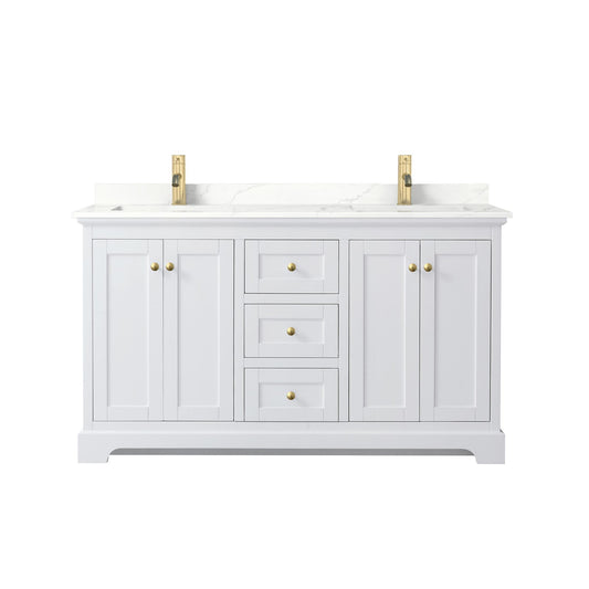 Wyndham Collection Avery 60" Double Bathroom Vanity in White, Giotto Quartz Countertop, Undermount Square Sinks (1-Hole), Brushed Gold Trim