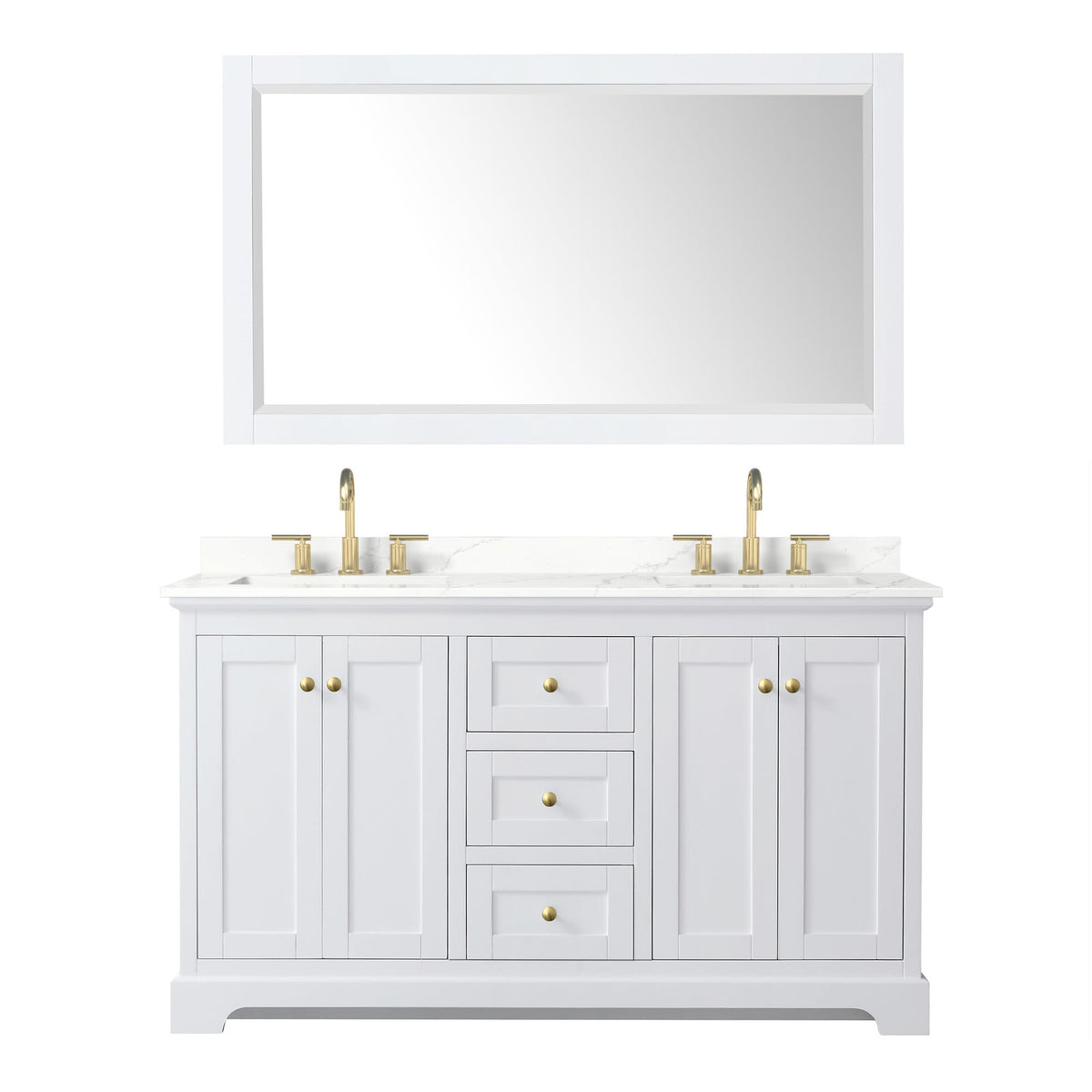 Wyndham Collection Avery 60" Double Bathroom Vanity in White, Giotto Quartz Countertop, Undermount Square Sinks (3-Hole), Brushed Gold Trim and 58" Mirror