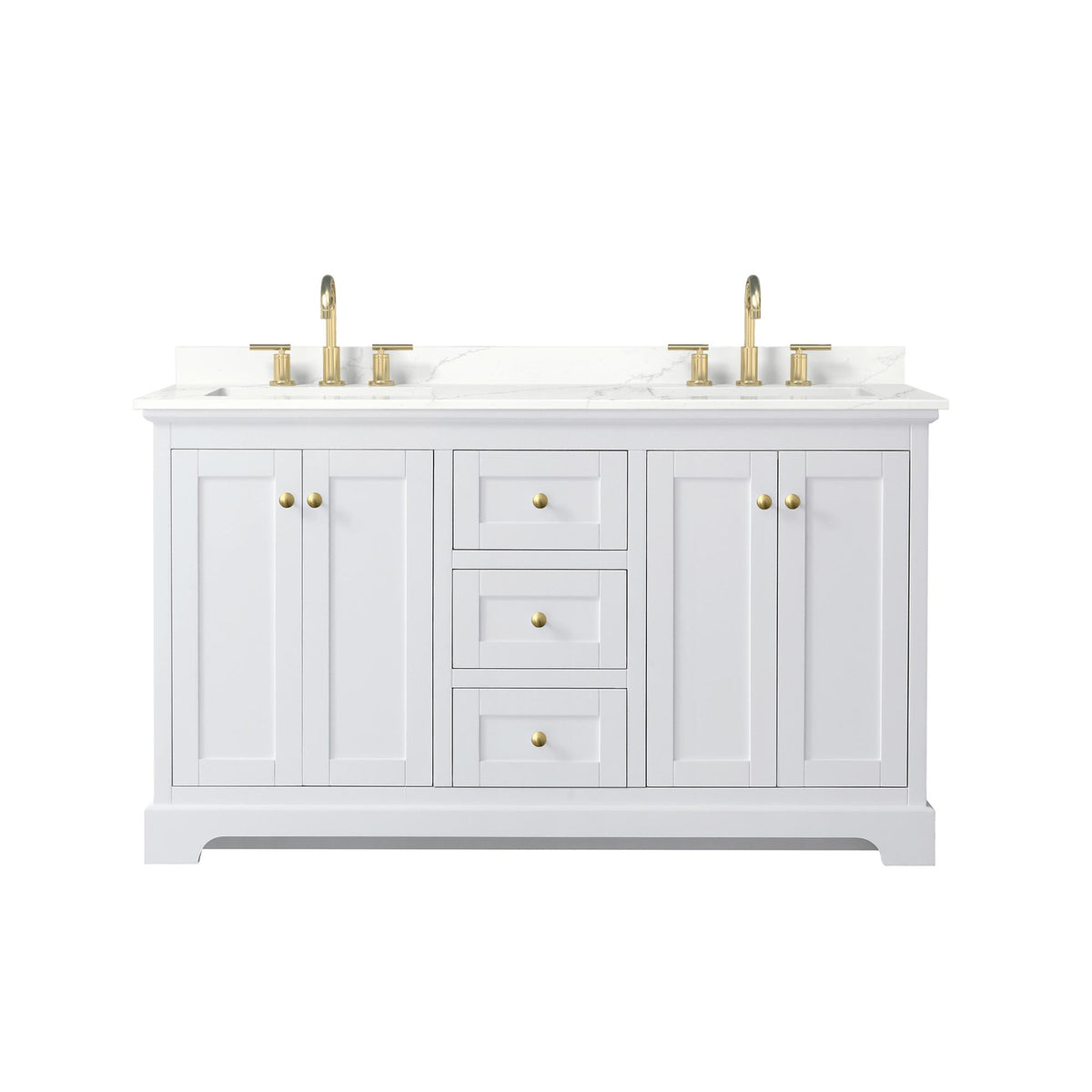Wyndham Collection Avery 60" Double Bathroom Vanity in White, Giotto Quartz Countertop, Undermount Square Sinks (3-Hole), Brushed Gold Trim