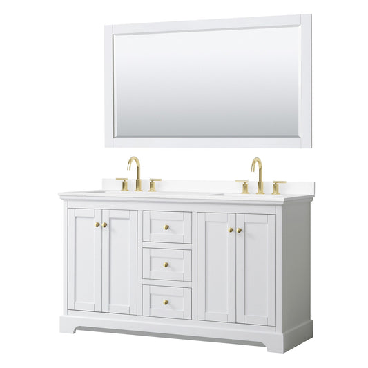 Wyndham Collection Avery 60" Double Bathroom Vanity in White, White Cultured Marble Countertop, Undermount Square Sinks (3-Hole), 58" Mirror, Brushed Gold Trim