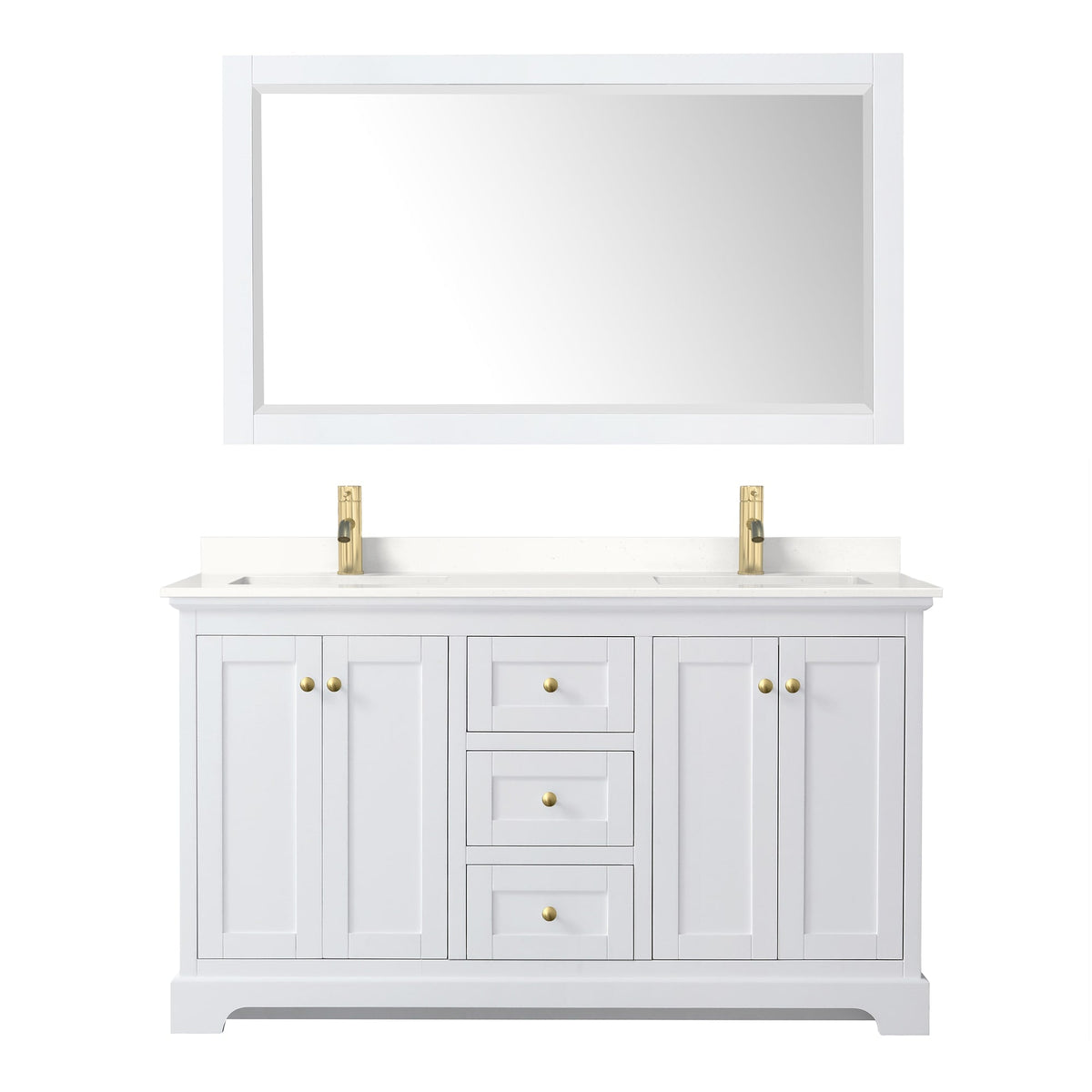 Wyndham Collection Avery 60" Double Bathroom Vanity in White, White Quartz Countertop, Undermount Square Sinks (1-Hole), Brushed Gold Trim and 58" Mirror