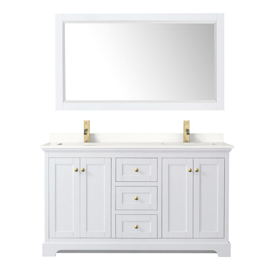 Wyndham Collection Avery 60" Double Bathroom Vanity in White, White Quartz Countertop, Undermount Square Sinks (1-Hole), Brushed Gold Trim and 58" Mirror
