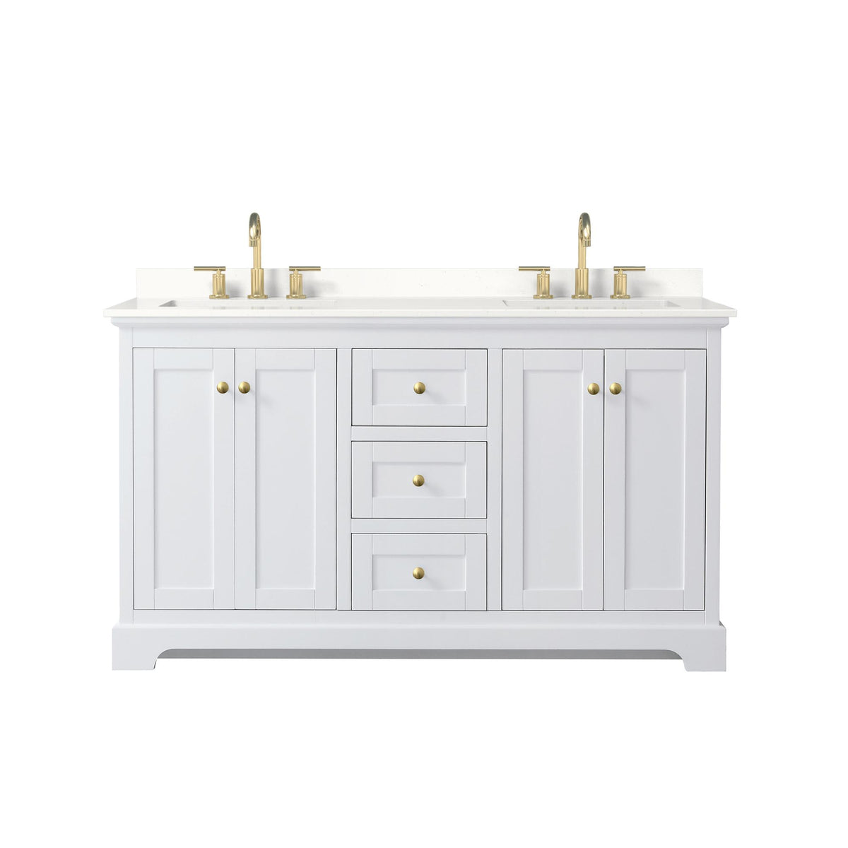 Wyndham Collection Avery 60" Double Bathroom Vanity in White, White Quartz Countertop, Undermount Square Sinks (3-Hole), Brushed Gold Trim