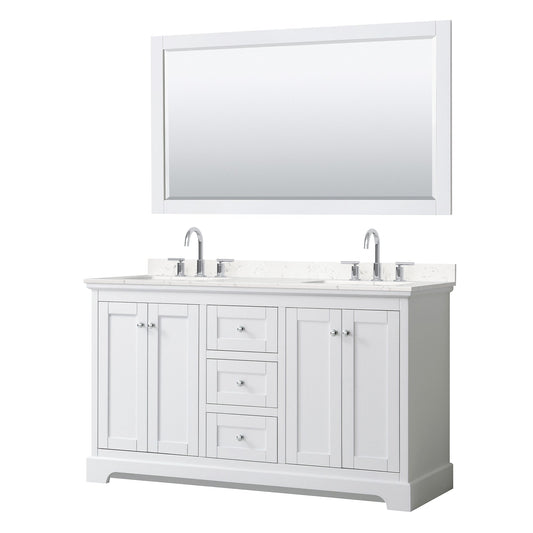 Wyndham Collection Avery 60" Double Bathroom Vanity in White, Carrara Cultured Marble Countertop, Undermount Square Sinks (3-Hole), Polished Chrome Trim and 58" Mirror